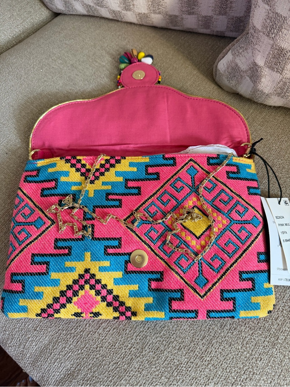 Steve Madden Pink Multicolor Woven Clutch with Gold Chain